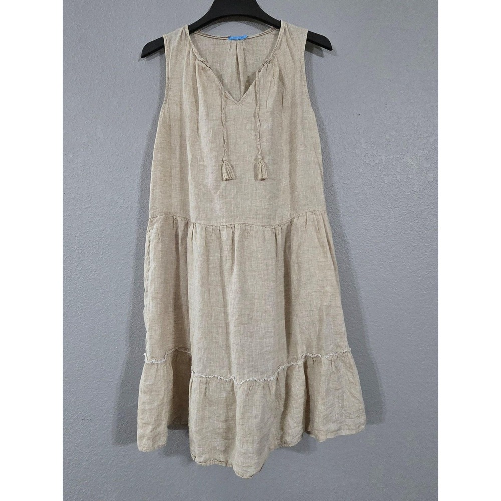 J. McLaughlin Dress Womens Medium Beige Linen Tiered Sundress Pockets Tassel